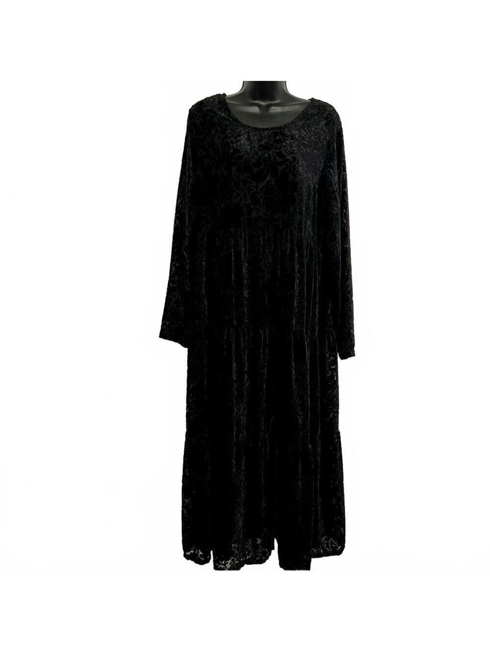 Velvet Burnout Black 80s 90s Drop waist Oversized Long Sleeve Long Maxi Dress M
